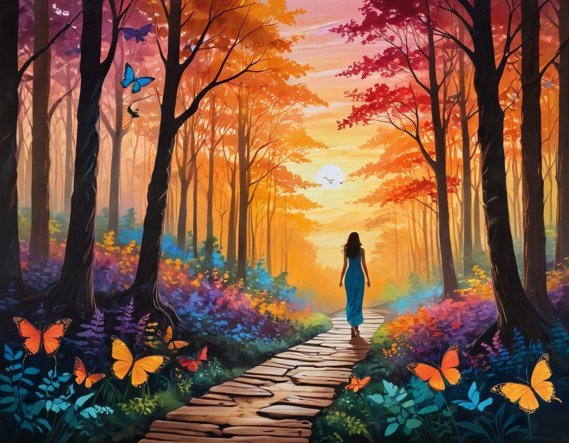 A serene landscape featuring a winding path through a vibrant forest, symbolizing a journey of self-discovery. Along the path, colorful butterflies represent moments of reflection, while a silhouette of a woman embracing the light signifies self-expression. A warm, inviting sunset casts a golden hue over the scene. surrealism. vibrant colors. hand-painted.