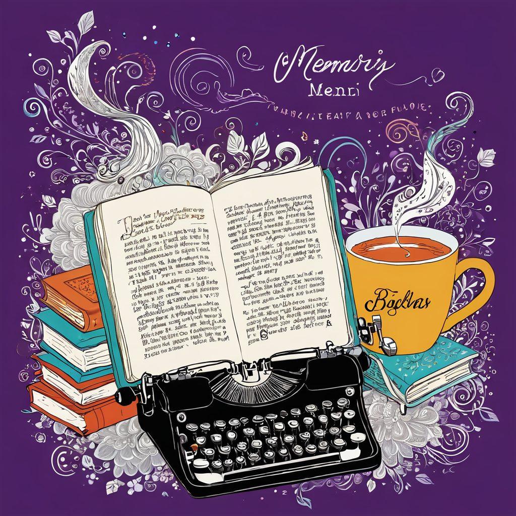 A colorful and whimsical illustration of a diary transforming into a memoir. The scene shows pages fluttering from the diary, with words and doodles swirling around, transitioning into more polished text and elegant book covers of memoirs. Include a background of a cozy writing space with a cup of tea and a typewriter. The image should convey a sense of creativity and growth over time. vibrant colors. illustration.